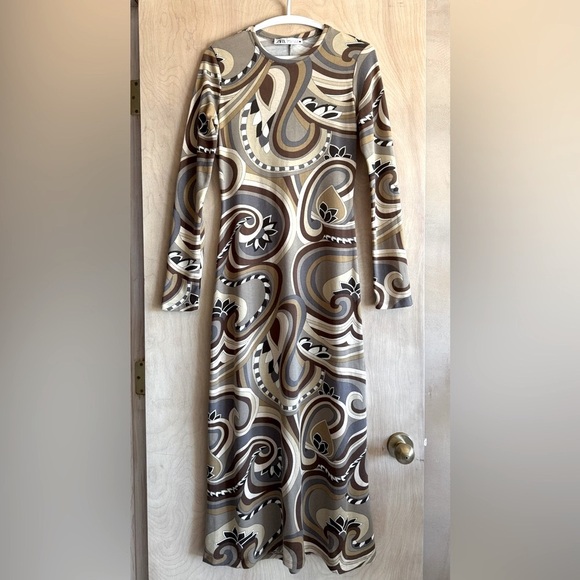 Zara Retro Abstract Print Midi Dress M Brown Gray Long Sleeve Stretch Jersey EUC - Picture 1 of 11